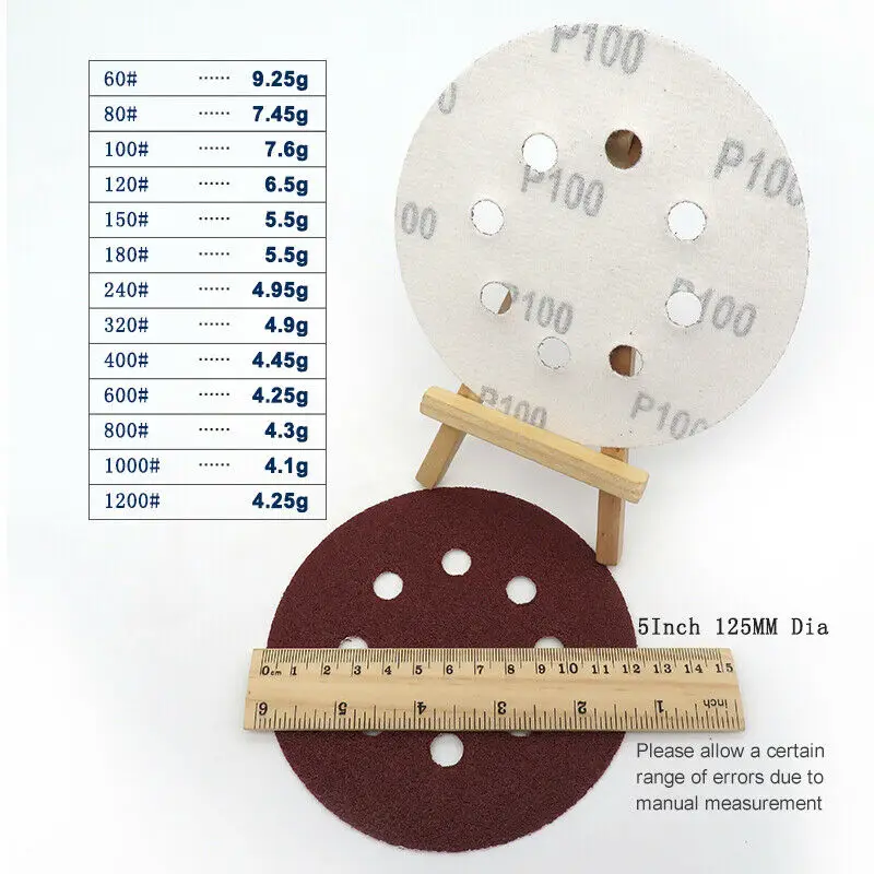10 시트 5 인치 125MM 레드 샌딩 페이퍼 디스크 샌드페이퍼 60 ~ 2000 모듬 그릿 후크 루프 8 홀 연마 연마 도구