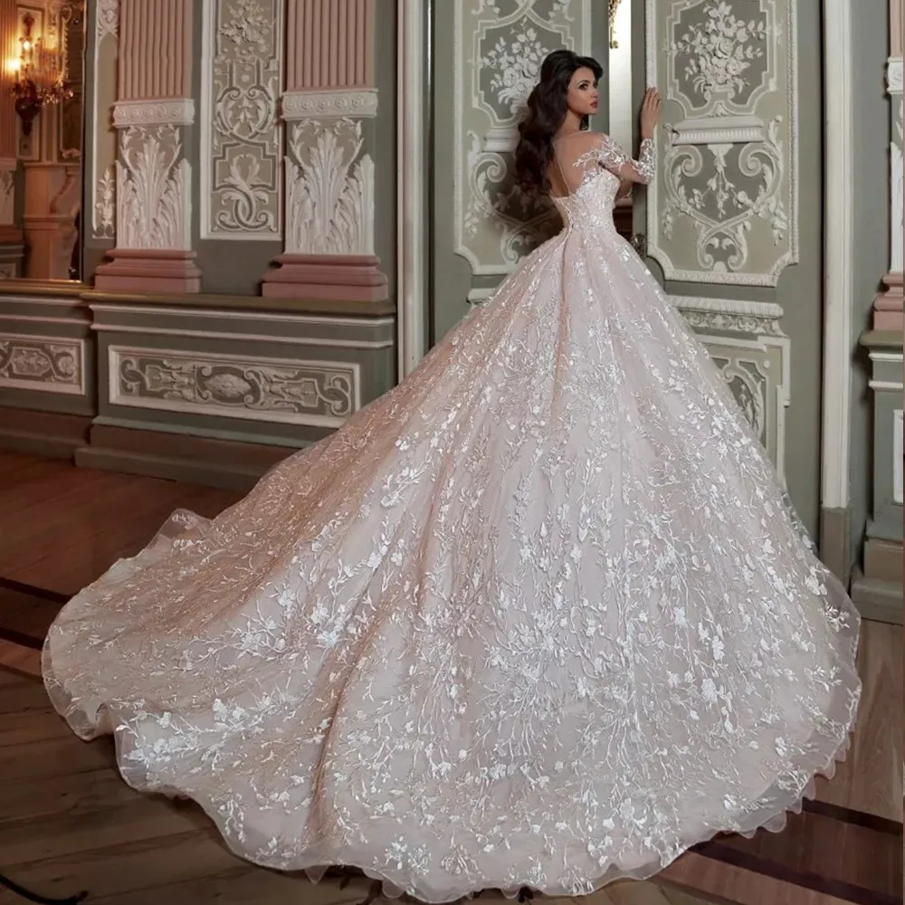 Vestido de casamento com pérolas brilhantes, roupão de baile de luxo com rendas