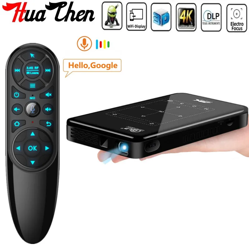 HUACHEN-P09 Mini Smart DLP Projector Android9.0 System Compatible Battery Powered 4K, Wifi2.4/5G, Full HD 1080P 3D Projector