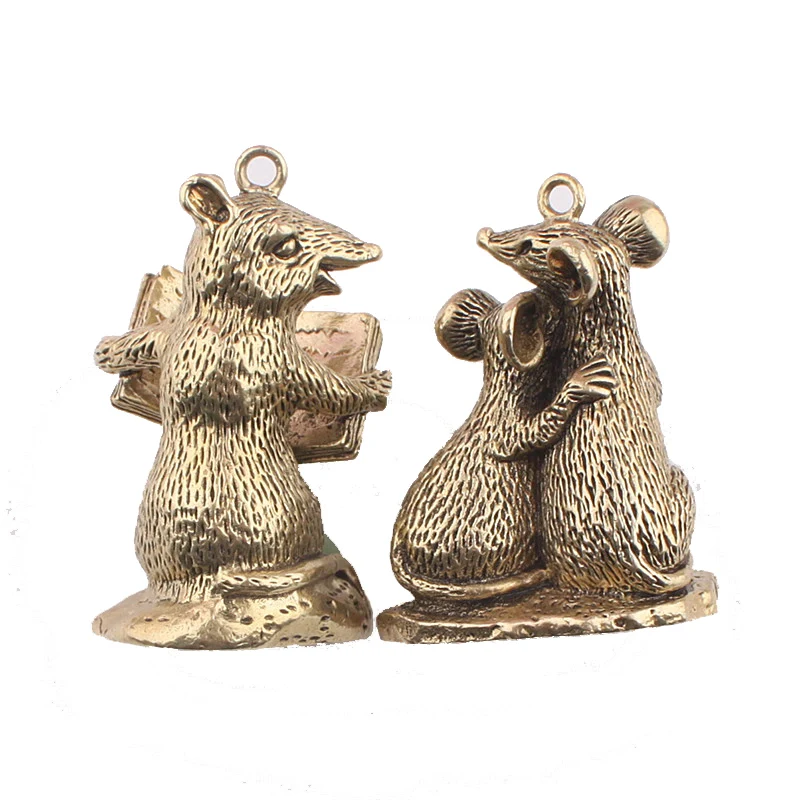 Pure Brass Zodiac Reading Rat Keychain Pendants Trinket Vintage Copper Couple Mouse Car Key Chains Hanging Cartoon Mice Keyrings