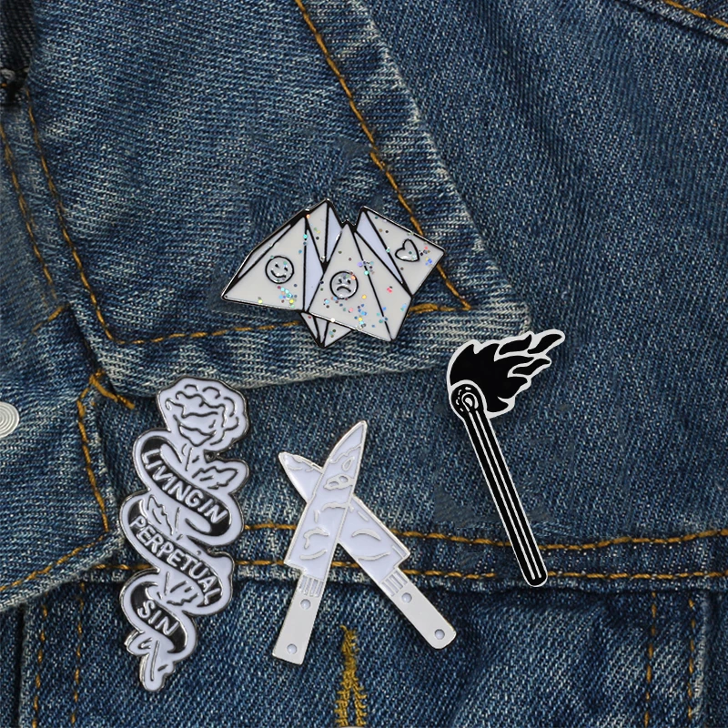 Punk Rose Enamel Pin Origami Game Cobweb Matches Knife Hand Brooch Lapel Pin Denim Jackets Bag Cartoon Button Badge Kids Jewelry