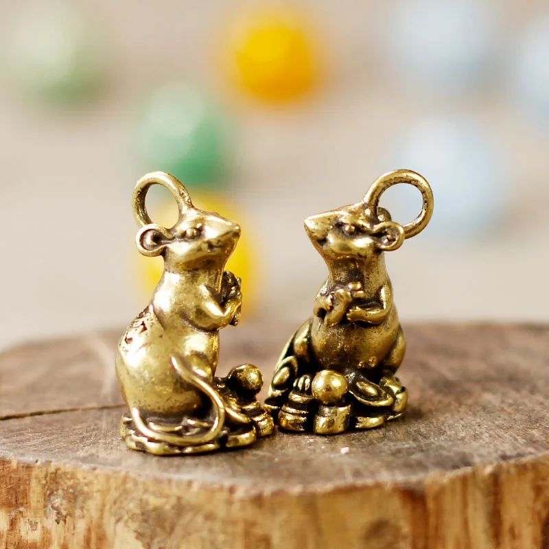 Copper Rat Keychains Pendants Vintage Brass Zodiac Animal Mouse Key Rings Charms Creative Men Lucky Key Holders Bag Hanging