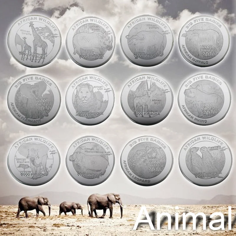 African Wild Protected Animals Sliver Commemorative Coins Zambia Kwacha Souvenir Coins Elephant Lion Buffalo Challenge Coin Gift