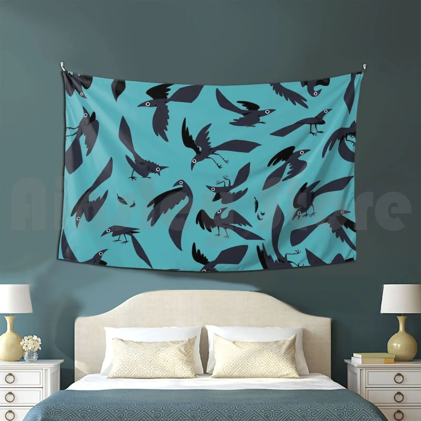 Graphic Grackles Customized Tapestry Blue Teal Birds Bird Nature Grackle Grackles Texas Austin