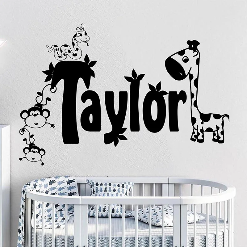 

Custom Name Giraffe Monkey Animal Wall Sticker Kids Room Bedroom Personalized Jungle Safari Branch Wall Decal Playroom Vinyl