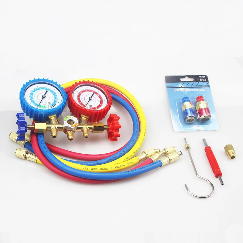 Car R134A R12 R22 R502 A/C Refrigerants Manifold Gauges Set Double Table Valve Charging Hose 90cm Quick Couplers Adapter