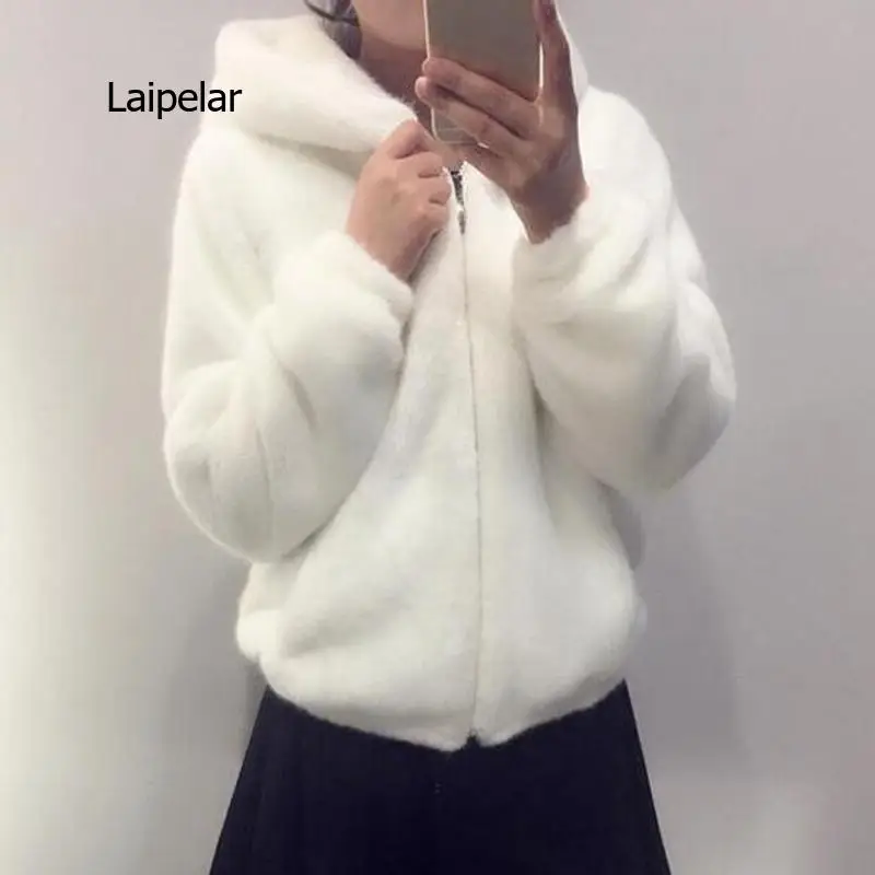 Rabbit Imitation Fur Winter Soft Mink Faux Fur Coat Warm Artificial Fur Hooded  Fashion Women Jacket White Black