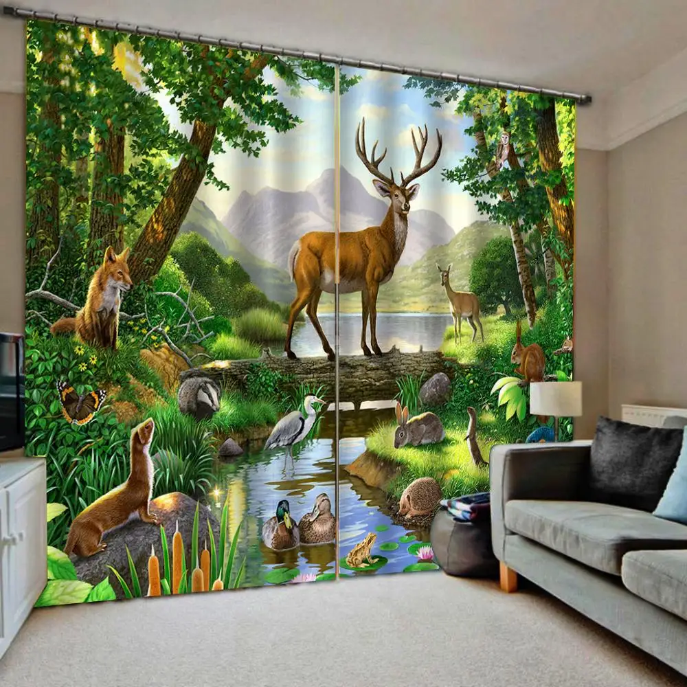 

animal curtains green Drapes Living room Bedroom Decor 2 Panels HooksWindow Curtains Blackout curtain