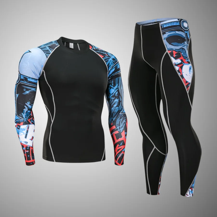 Quick Dry 2pcs / sets men suit rashguard male kit MMA compression clothing male long-sleeved t-shirt + leggings tracksuit men