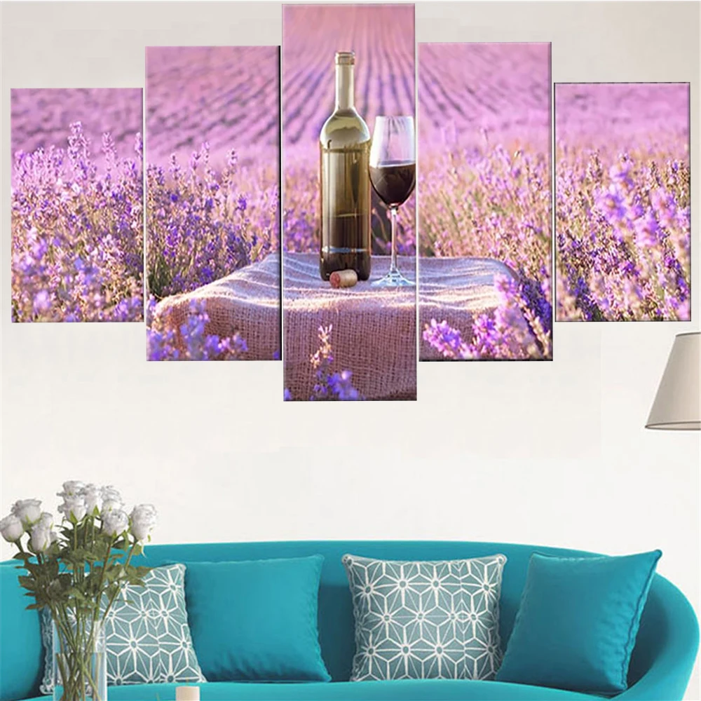 

5 Pieces Wall Art Canvas Painting Purple Flower Landscape Poster Fresh Red Wine Modern Living Room Bedroom Home Decoration