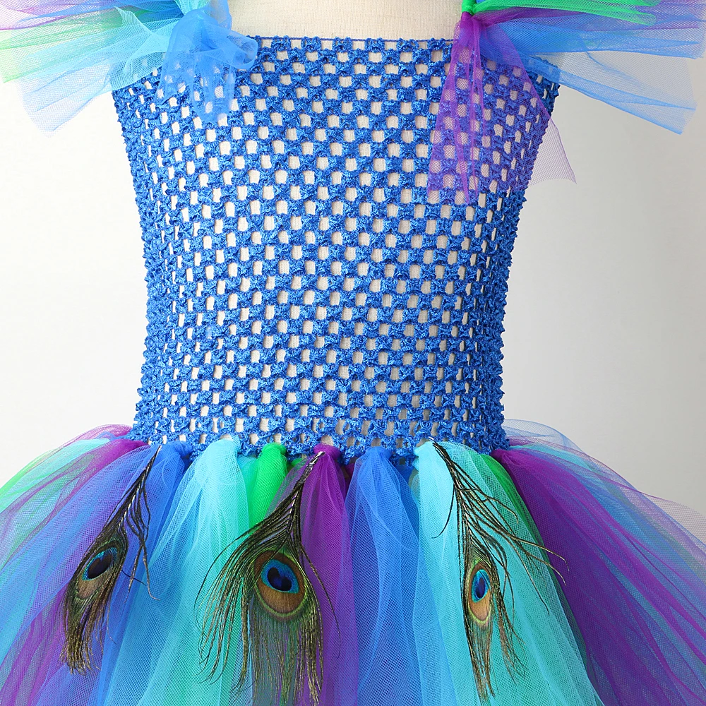 Princess Girl Peacock Tutu Dress for Kids Performance Halloween Costumes Girls Pageant Fancy Dresses Dance Birthday Party Outfit