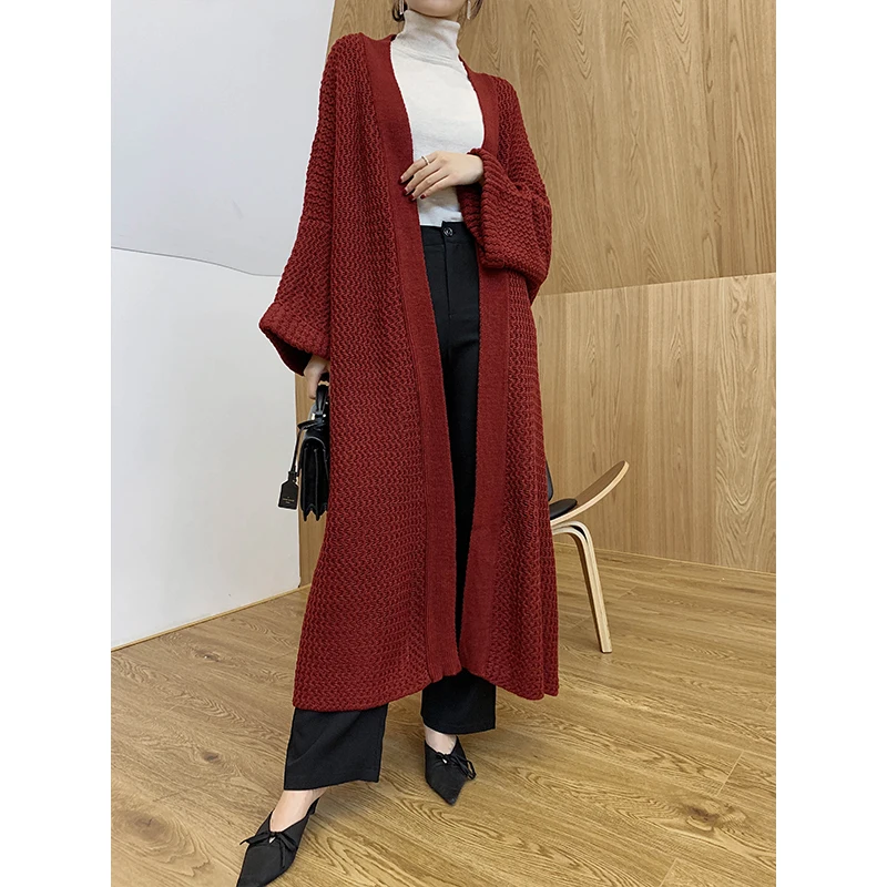 [ZAYAU]Wine Red Brown Long Knitted Sweater Coat women's Autumn Winter Loose Oversize Commuter Cardigan Solid 2021