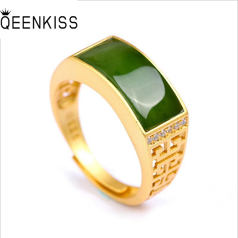 

QEENKISS 24KT Gold Ring For Men Male Vintage Green Rectangle Zircon Adjustable Ring Jewelry Wholesale Wedding Party Gift RG5131