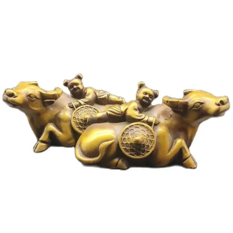 

Chinese copper bronze ware Brass carving shepherd boy herding cattle Geomancy fengshui statue Office home decoration a pair 951g