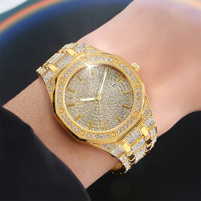 2021 Men\'s Watch Hip-hop Hipster Luxury Business Fashion Octagonal Stainless Steel Full Diamond Steel Belt Calendar Starry