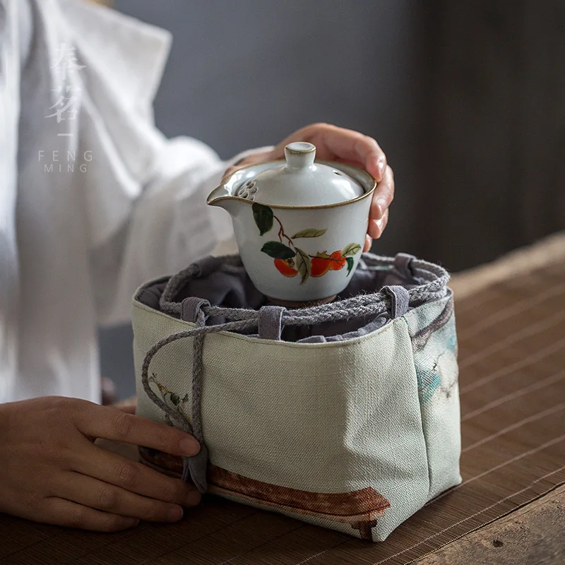 Vintage Persimmon Tea Cup Cloth Storage Bag Portable Printing Travel Kung Fu Tea Cozies Hand Bags Tea Ceremony Accessories LA453