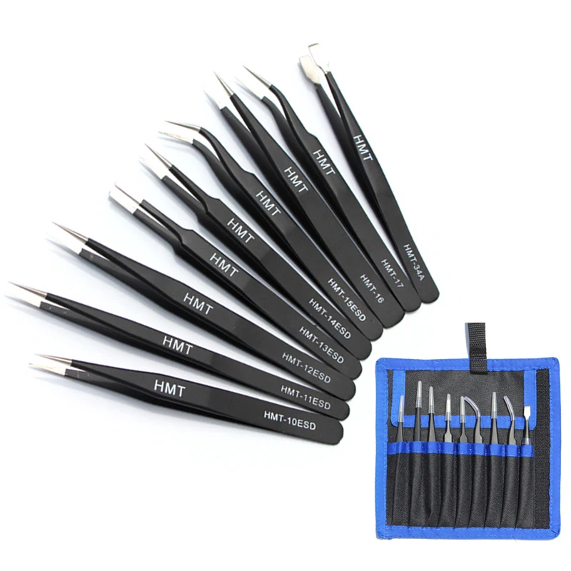 9pcs/lot Anti-static ESD Tweezers Precision Pinzas Stainless Steel Tweezers Electronics Phone Repairing Tools