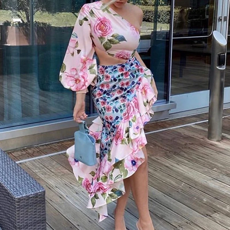 

Elegant Flowers Printing Hollow Out Sets For Women Skew Collar Sexy Crop Tops Slim Ruffle Skirt Female Two Piece Set 2022 Summer