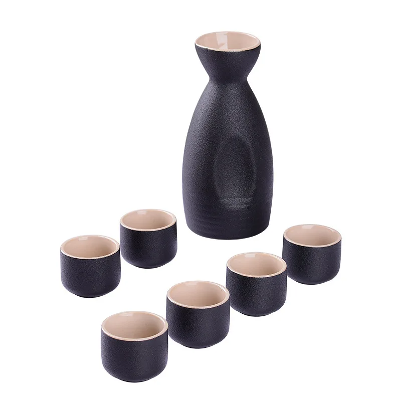 Best-selling Japanese Ceramic Sake Pot Cup Set Black Stoneware Wine Bottle Wine Bottle Cup 7 Pieces/Set