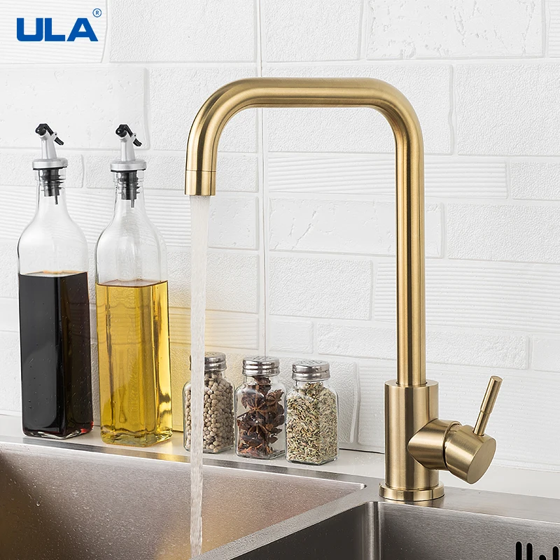 ULA Kitchen Faucet Gold Stainless Steel 360 Rotate Kitchen Tap Faucet Deck Mount Cold Hot Water Sink Mixer Taps Torneira