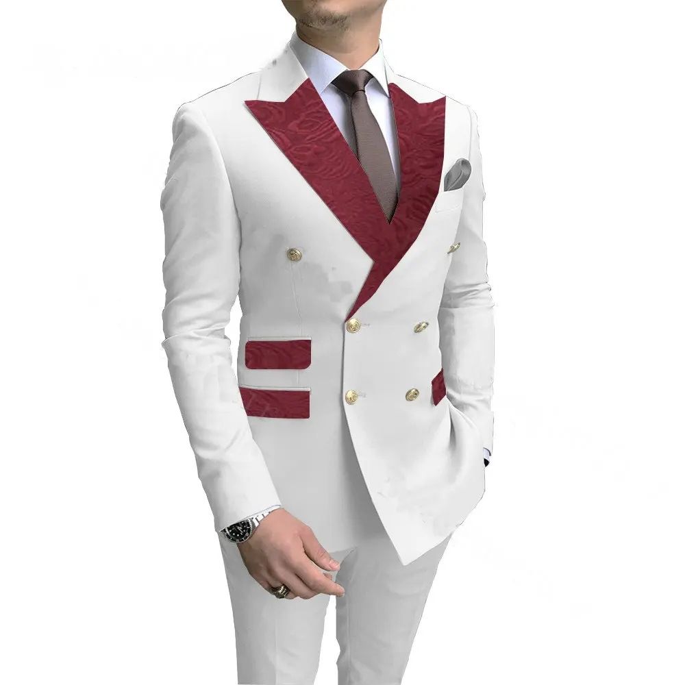 

2021 Custom White Burgundy Jacquard Lapel Groomsmen Groom Tuxedo Double Breasted Men Suits Wedding Best Man Blazer Costume Homme