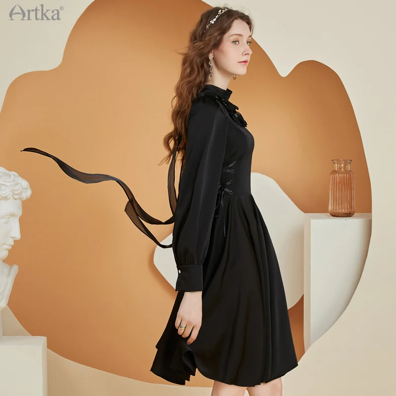 

ARTKA 2022 Spring New Women Dress Elegant Vintage Satin Black Evening Dresses Lace Ribbon O-Neck Midi Slim Waist Dress LA20119Q