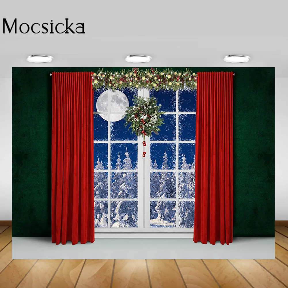 

Mocsicka Christmas Backdrop Red Curtain Window Snow Scene Pine Forest Photography Background Baby Portrait Photocall Wreath Moon