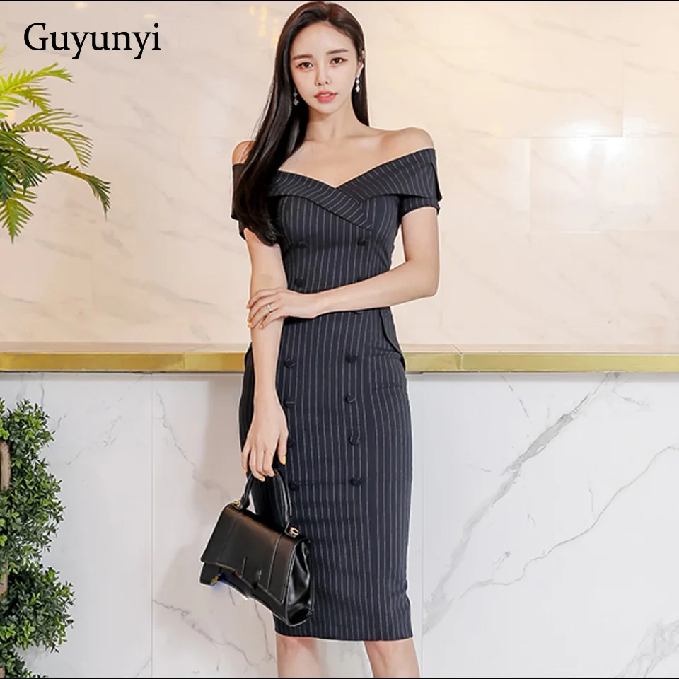 Striped Office Lady Dress Summer Sexy Slash Neck Card Shoulder Double Row Decorative Buttons High Waist Tight Dress Women