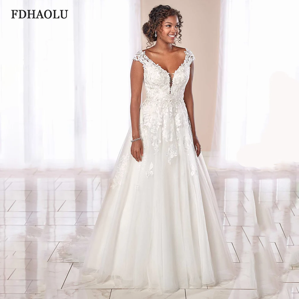 Fdhaolu fu14 wihte v neck vestidos de casamento até o chão applique aberto para trás uma linha sem costas vestidos de noiva