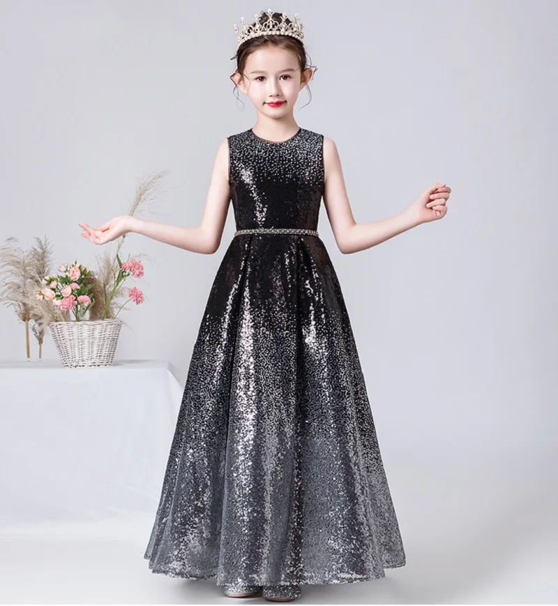 DIDEYTTAWL Customized Sparkly O-Neck Flower Girl Dresses Sequins Elegant Long Wedding Party Dress Formal Kids Birthday Gown