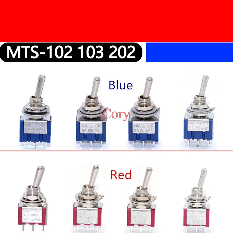 5pcs 2/3 Position3/6-Pin 6MM Mini SPDT ON-ON ON-OFF-ON 6A 125VAC Mini Toggle Switch Red/Blue