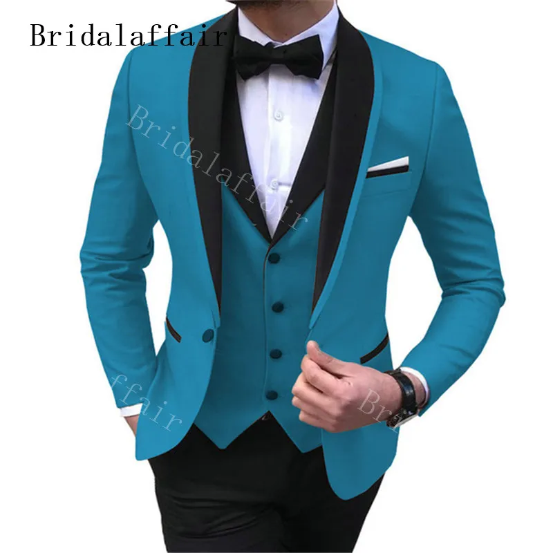 

Bridalaffair Custom Made Lake blue Shawl Lapel Men's Suit Set Formal Wedding Prom Groom Tuxedo 3 Pieces Suit (Jacket+Pants+Vest）