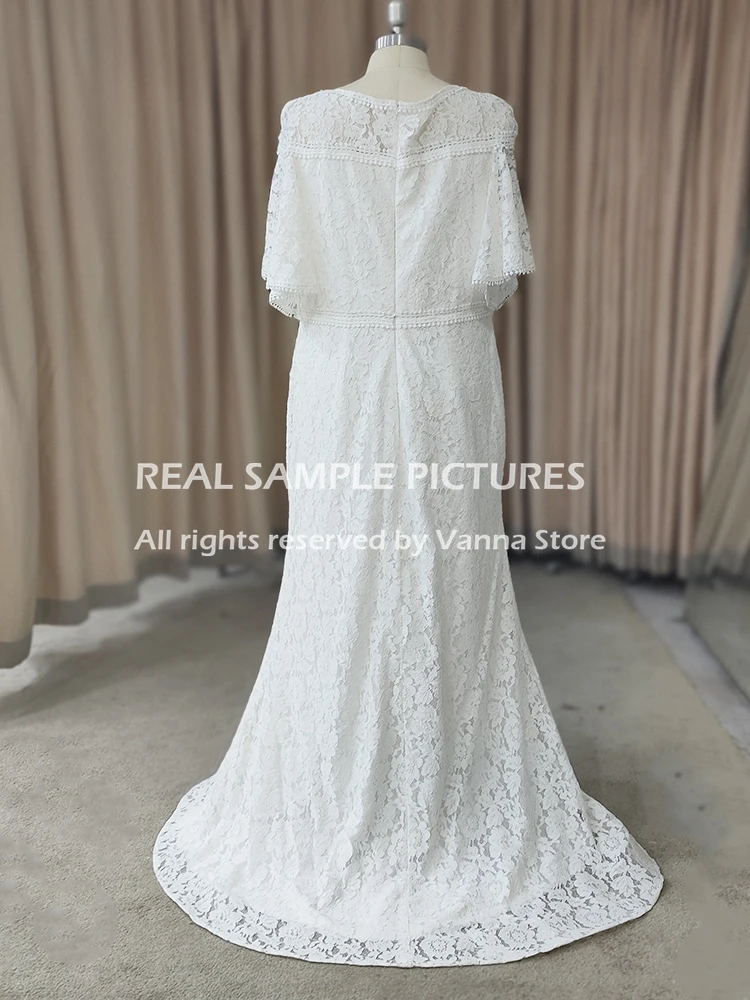 Flutter Sleeves Boho Mermaid Lace Wedding Dress V-Neck 2021 New Custom Made Backless Real Photos Plus Size Princess Bridal Gown