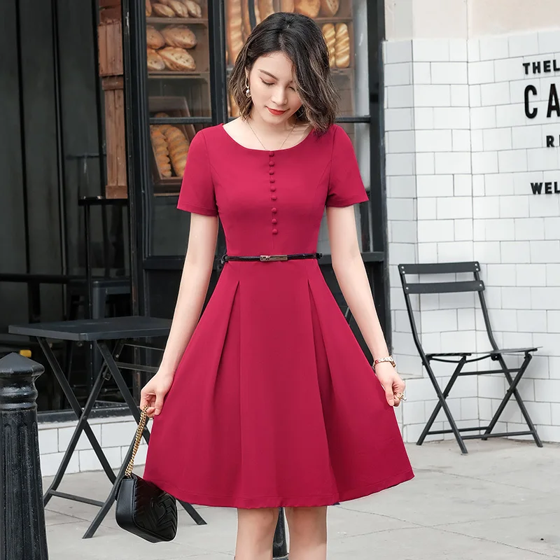 

2021 Summer Short Sleeve Women Dresses A-line Dress OL Styles Business Work Wear Office Ladies Vestidos with Belt Plus Size 4XL