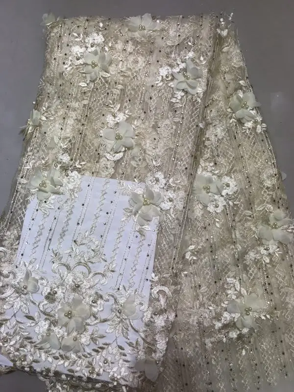 

2019 High Quality French 3D Tulle Beaded African Lace Fabric Embroidered Nigerian Lace Fabrics For Wowen Dress Champagne(7-19