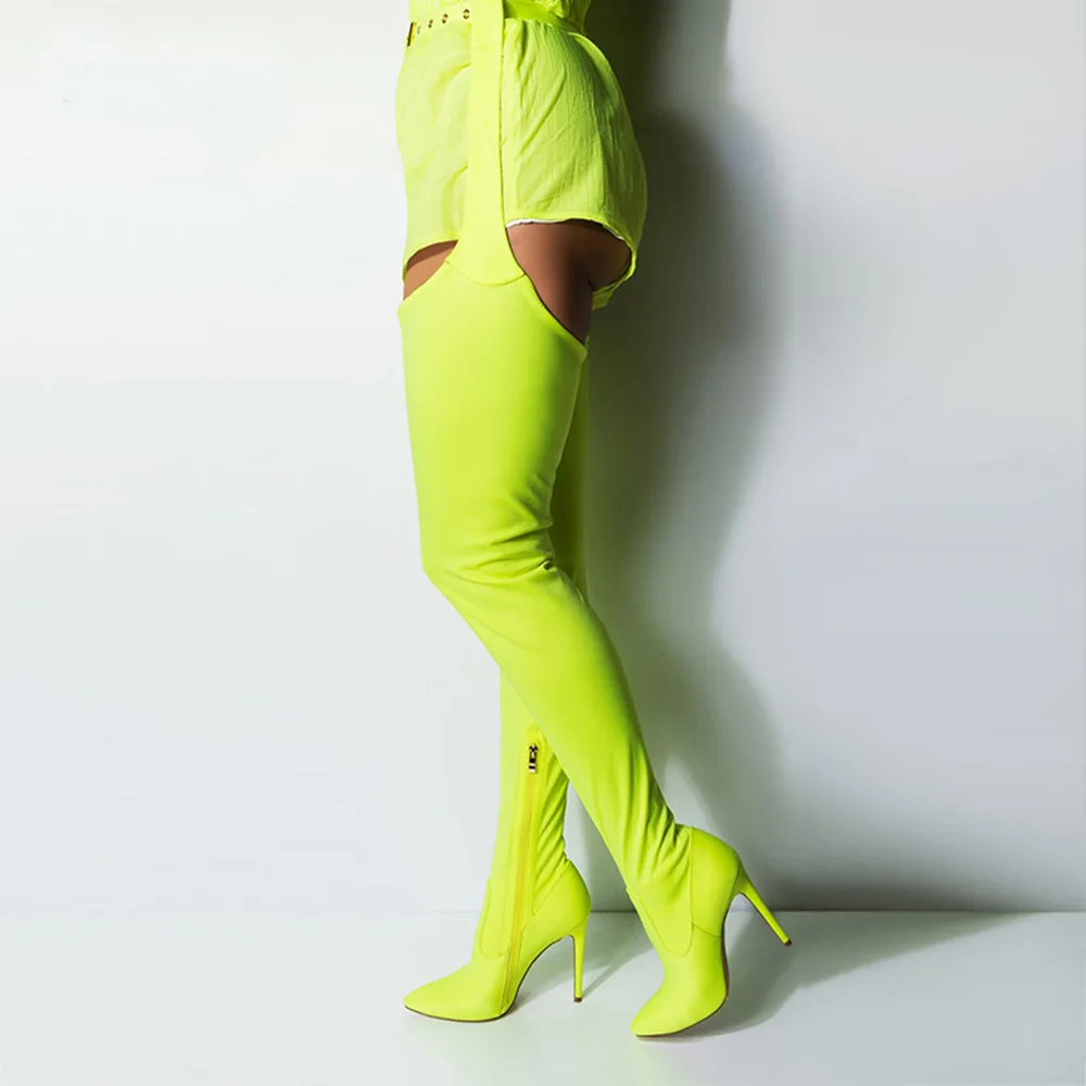 New Sexy Neon Green Crotch High Boots Pointied Toe Belted Buckle Thigh High Boots Stiletto Boots Women Over The Knee Boots