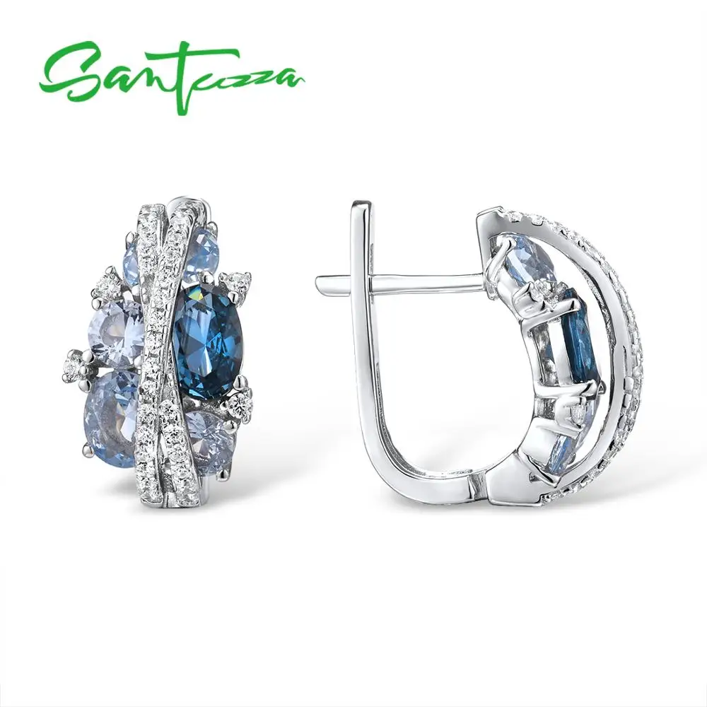 Santuzza brincos de prata para mulheres autênticos 925 prata esterlina cintilante azul zircônia cúbica glamourosa conchaьги joias finas