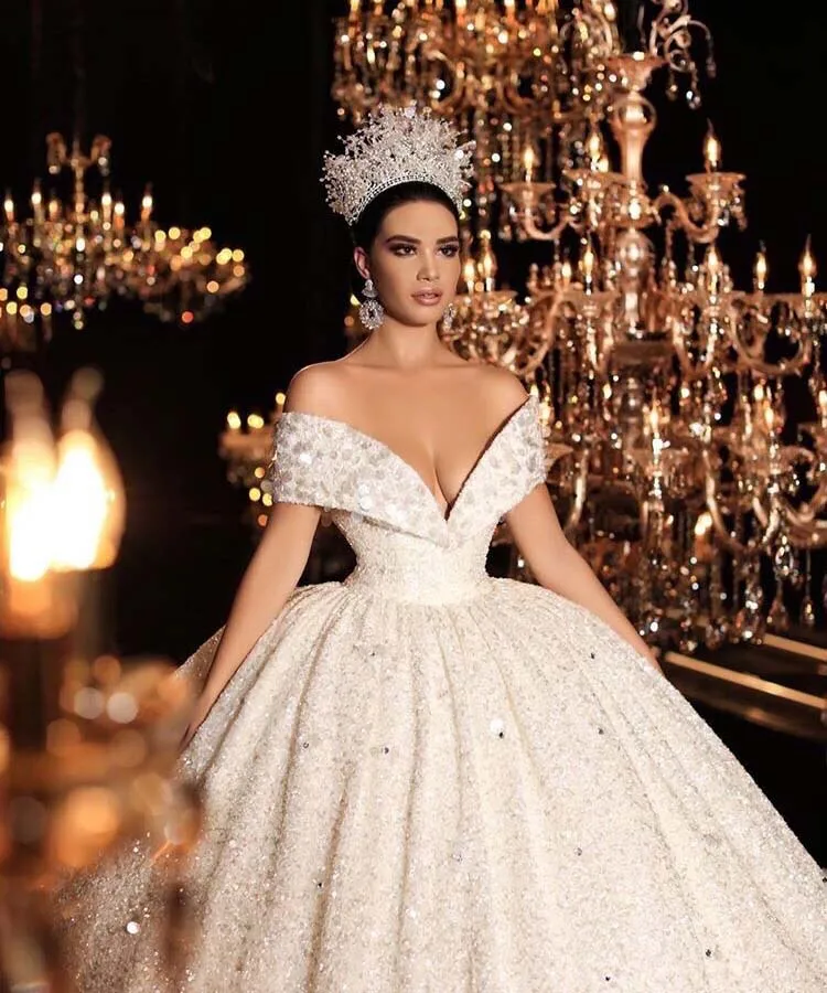 Vestidos de casamento de luxo, fora do ombro, com contas, brilho, vestido de baile, varre, trem, 2020