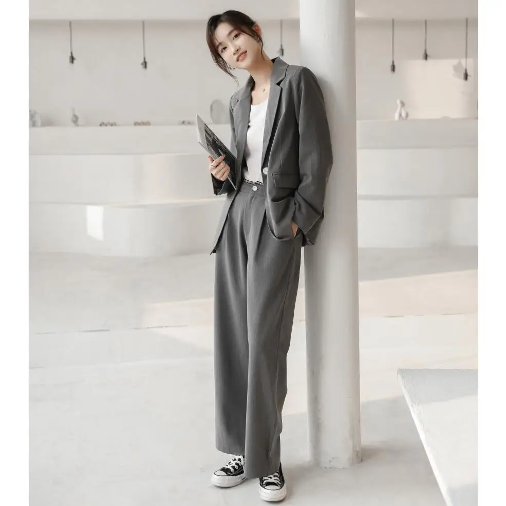 

Spring Women's Office Pantsuit Elegant Long-Sleeved Gray Blazer Wide-Leg Pants Two-Piece Set NICE Female Pants Set