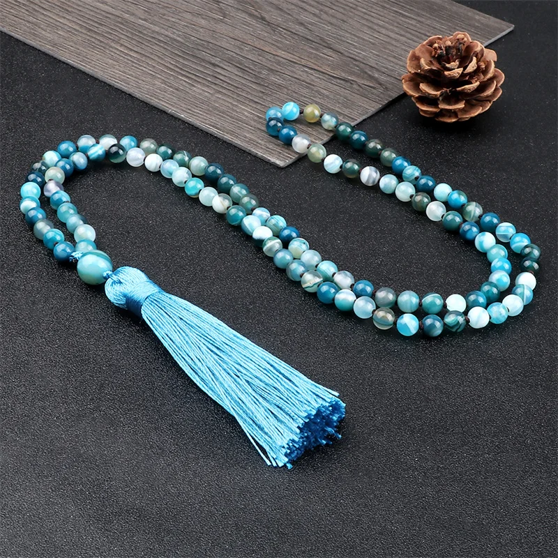 Natural 6mm Striped Agates Stone Necklace Prayer Buddha 108 Mala Beads Blue Tassel Bohemian Necklaces for Men Women Yoga Jewelry