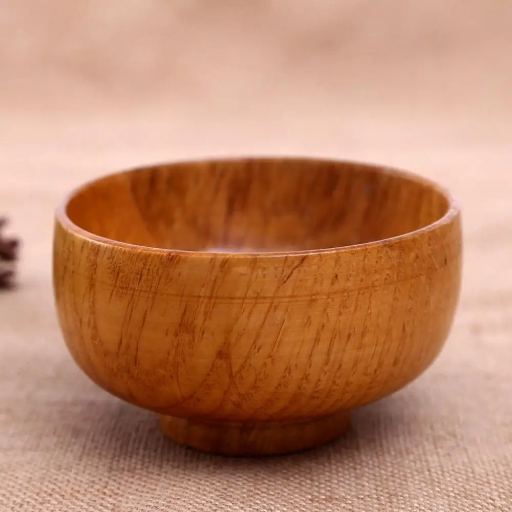 Natural Round Wooden Bowl Soup Salad Noodle Rice Fruit Shock-proof Handicraft Holder Kitchen Handmade Wood Bowl For Kids