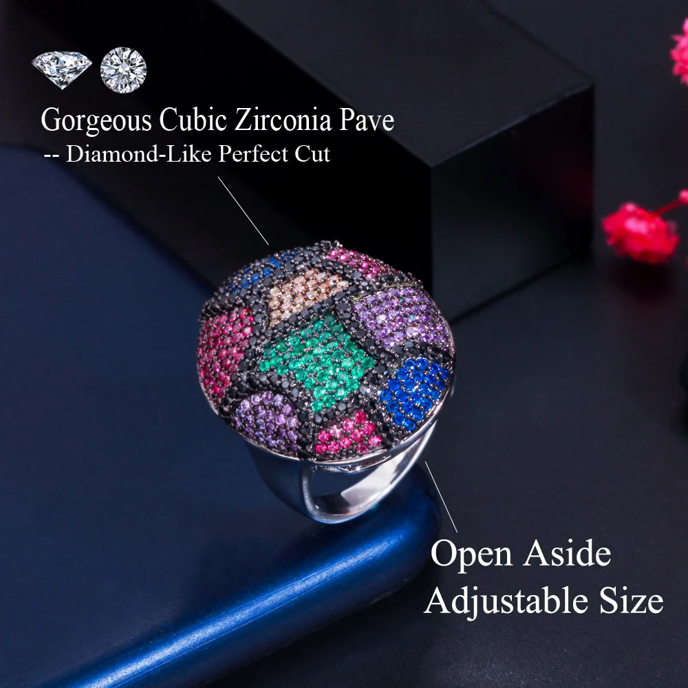 CWWZircons Chunky Statement Round Multicolor Cubic Zirconia Big Engagement Wedding Adjustable Ring for Women Party Jewelry R191