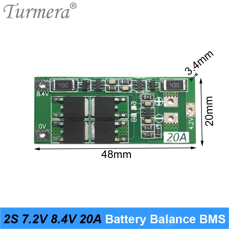 Turmera 2S 20A Balance BMS 18650 21700 26650 Lithium Battery Protection Board 7.2V 8.4V for Screwdriver Drill and Headlamp Use A