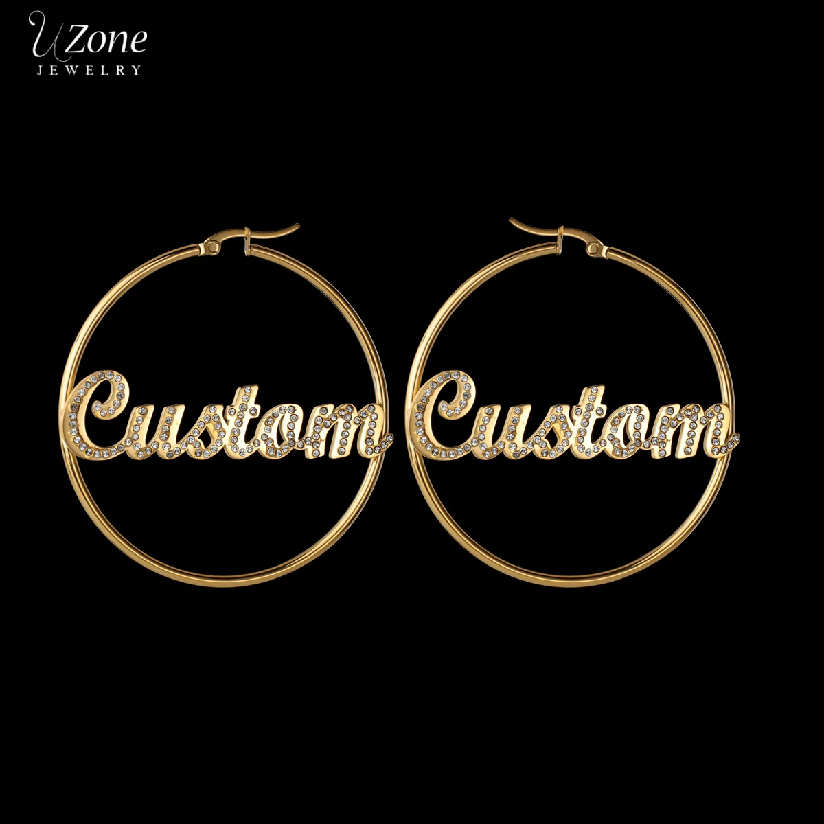 UZone Custom Name Full Zircon Hoop Earrings Stainless Steel Personalised Letters Earrings for Women Girls Jewelry Party Gifts