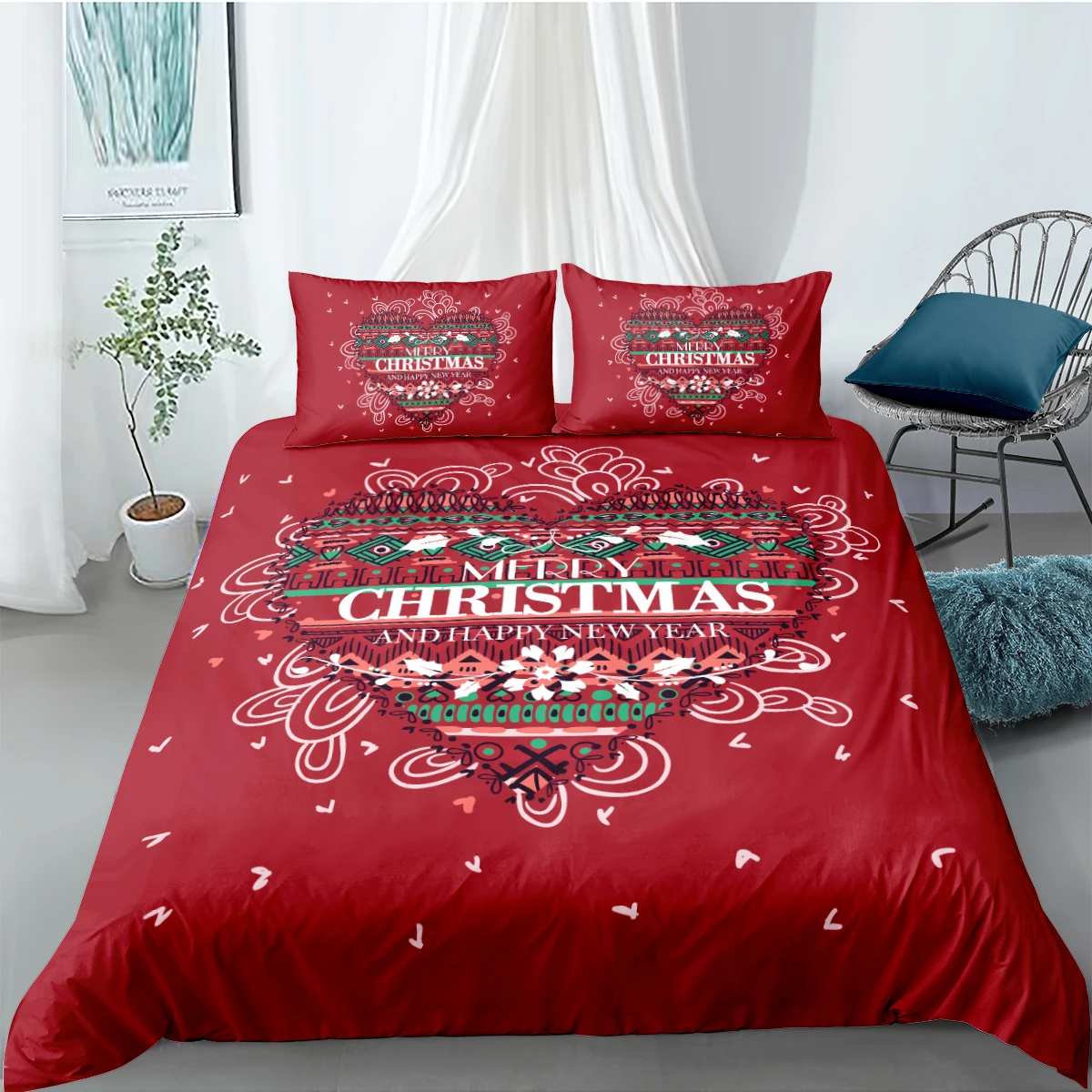 

3D Red Quilt Cover Set Christmas Comforter Covers Pillow Covers King Queen Super King Twin Double Size 180*210cm Bedclothes