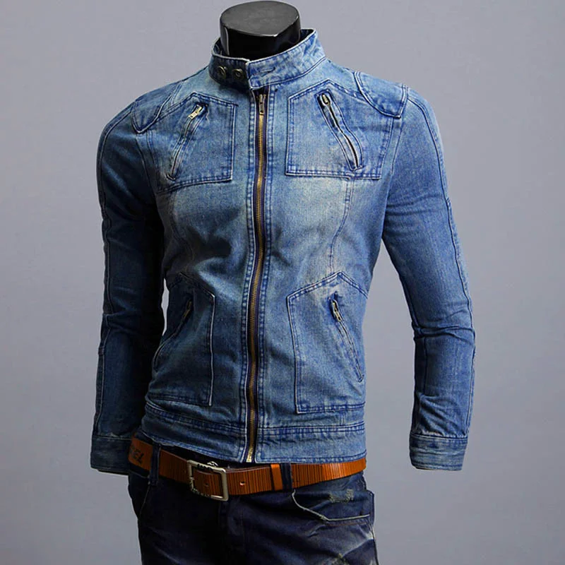 Mens Fashion Denim Jackets Autumn Slim Fit Harajuku Hoodie Biker Jean Coat Cowboy Stand Collar Casual Streetwear Washed Jacket