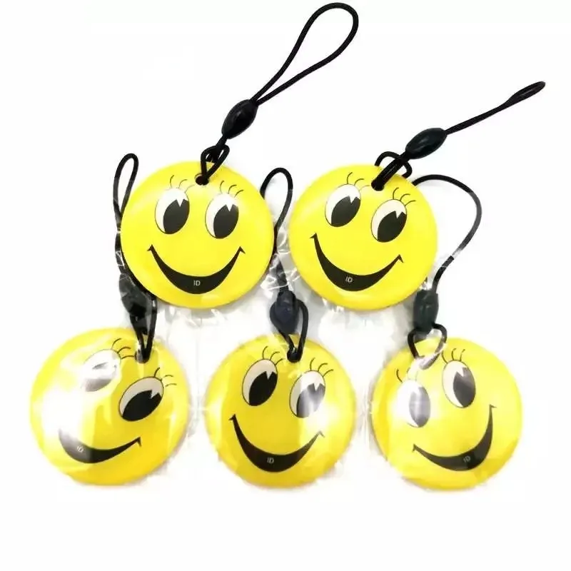 125KHz EM4305 Rewritable Keyfobs RFID Waterproof Cloner Copier Token Key Tag Keychain Access Control Card Yellow Smile Pattern