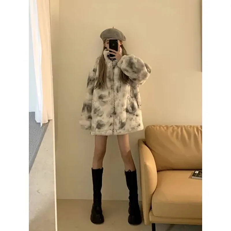 Streetwear Tie-Dye Faux Fur Jacket 2021 Winter Thick Cotton Liner Plush Warm Coat Korean Harajuku Fashion Women Clothing Jackets