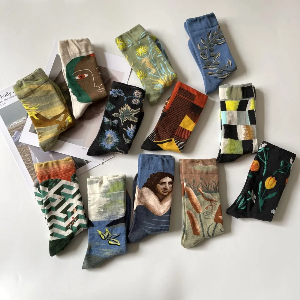 Combed Cotton Colorful Retro Oil Painting Socks Women Men Cartoon Creative Portrait Plants Animal Abstract Art Funny Happy Socks