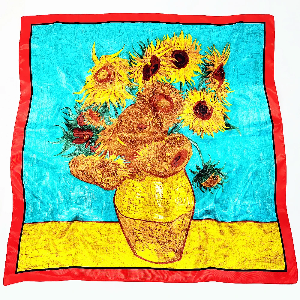 90cmHot Sale Spring Van Gogh Classic Series Oil Painting Vase Sunflower Lady Decoration Simulation Silk Scarf Large Square Scarf